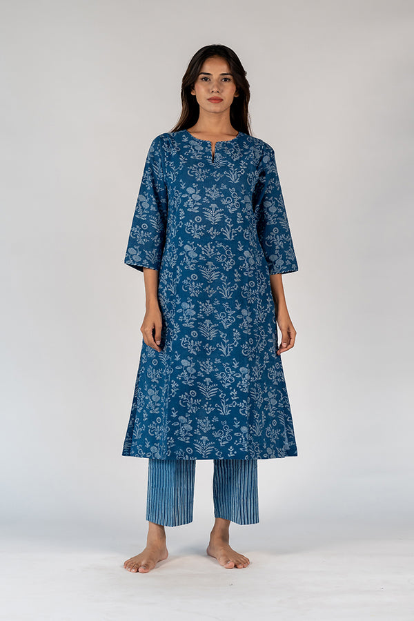 Cotton Hand Block Printed Kurta - Blue