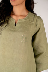 Linen Hand Embroidered Dress - Green