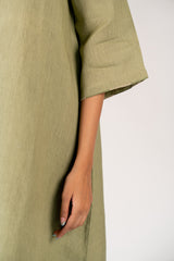Linen Hand Embroidered Dress - Green