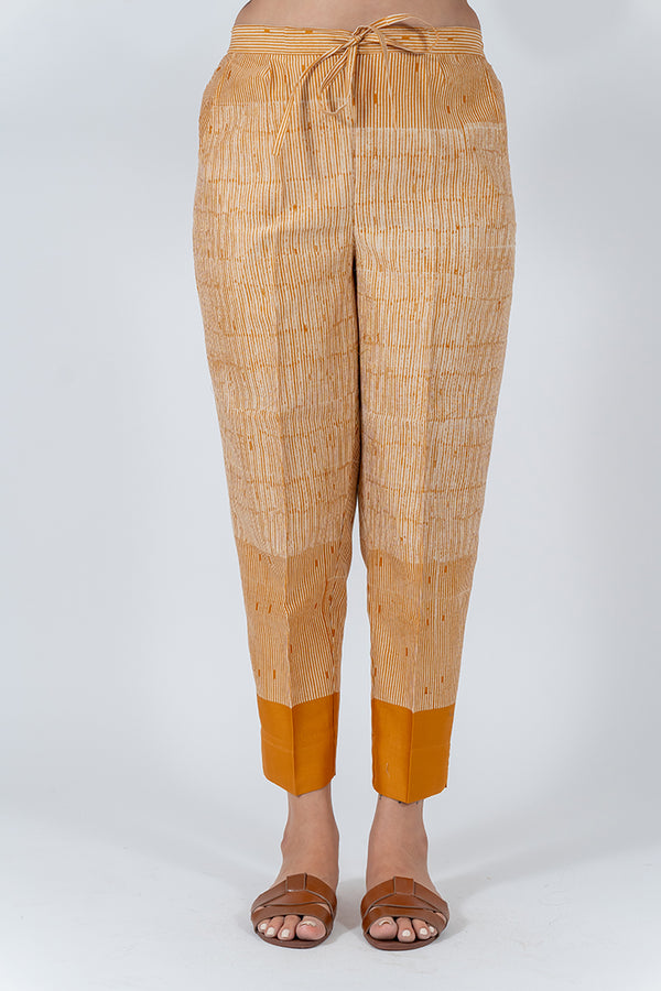 Chanderi Hand Block Printed Narrow Pant With Draw String Waist Band - Mustard Yellow