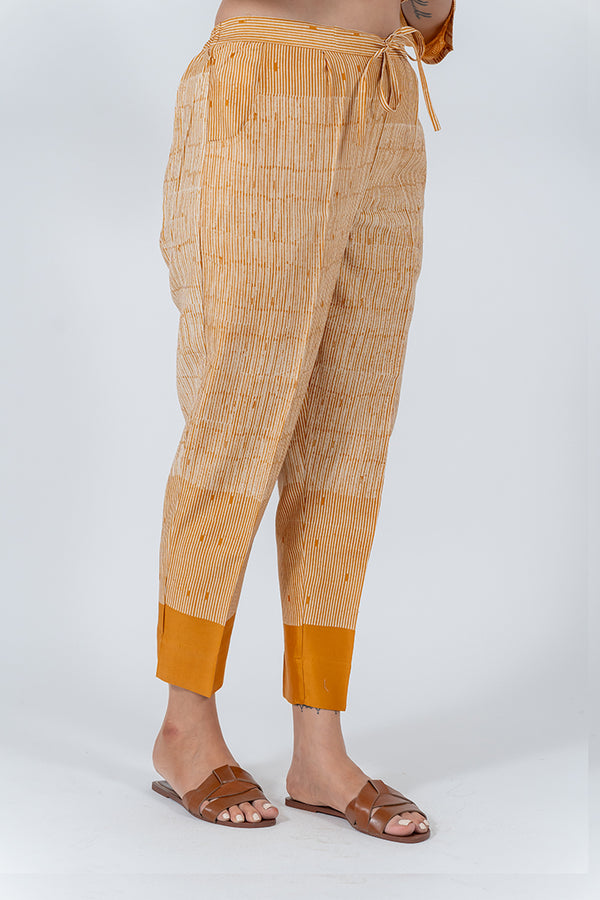 Chanderi Hand Block Printed Narrow Pant With Draw String Waist Band - Mustard Yellow