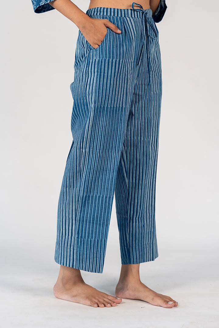 Cotton Hand Block Printed Parallel - Blue