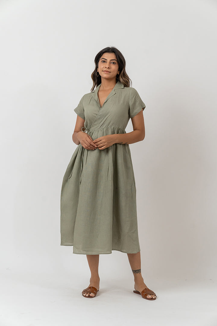 Linen Wrap Dress - Turquoise Green