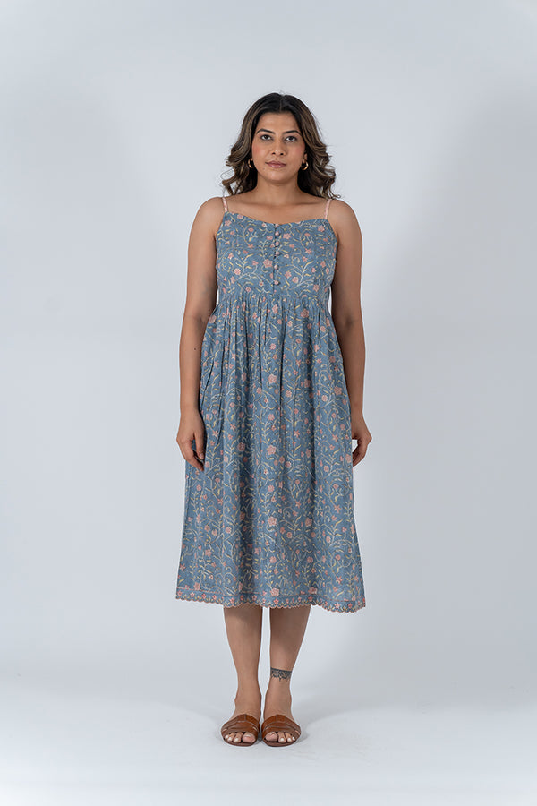 Cotton Hand Blocked Printed Dress - Slate Blue