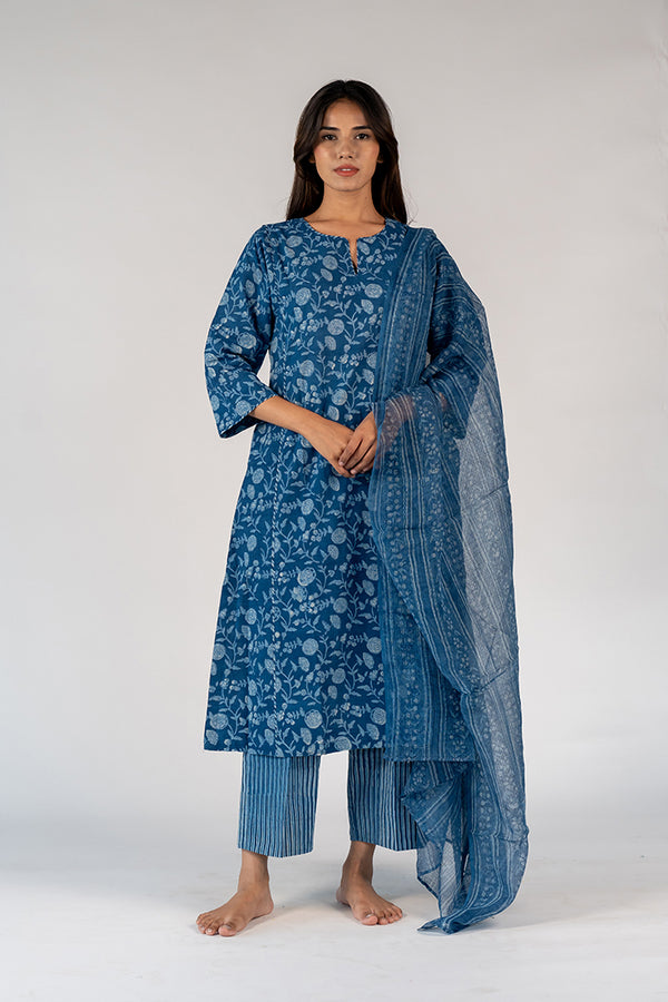 Cotton Kota Doria Hand Block Printed Dupatta - Blue