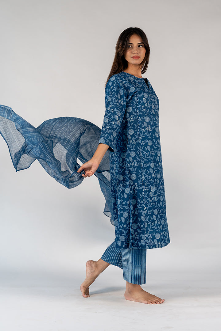 Cotton Kota Doria Hand Block Printed Dupatta - Blue
