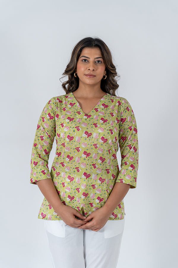 Cotton Hand Blocked Kurti - Pista Green