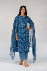 Cotton Kota Doria Hand Block Printed Dupatta - Blue