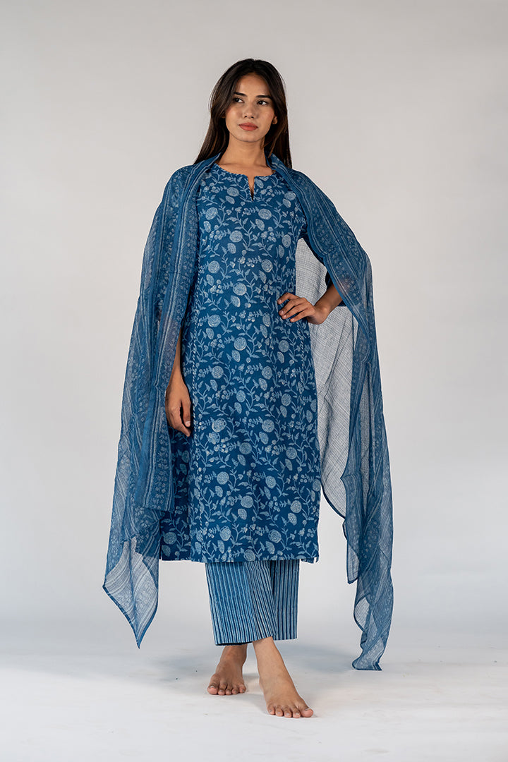Cotton Kota Doria Hand Block Printed Dupatta - Blue