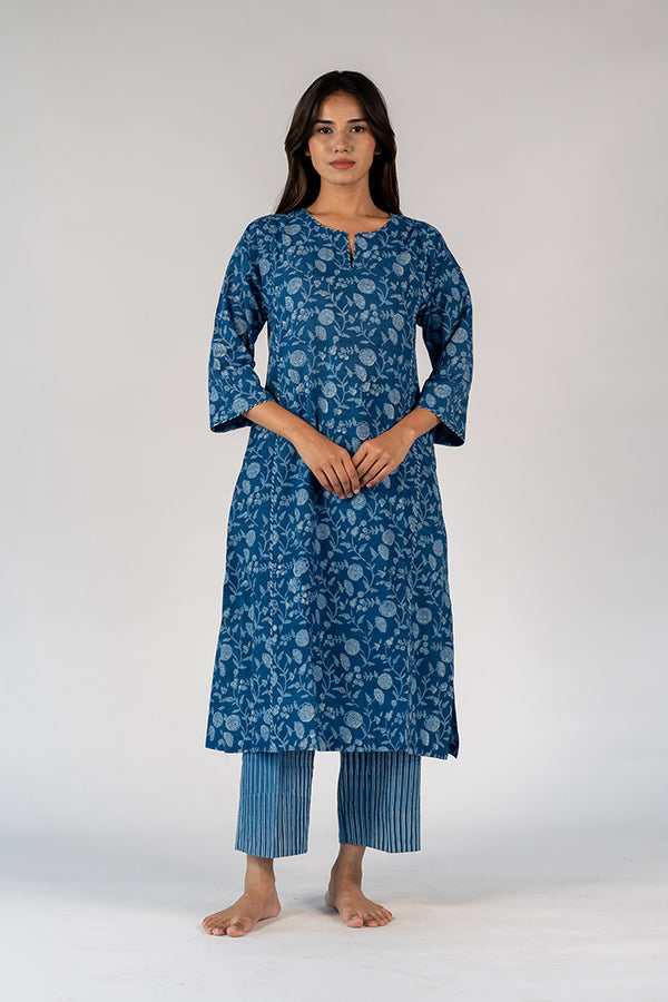 Cotton Hand Block Printed Kurta - Blue