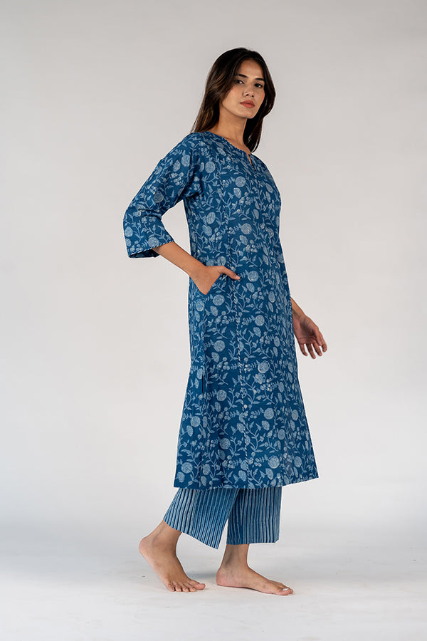 Cotton Hand Block Printed Kurta - Blue