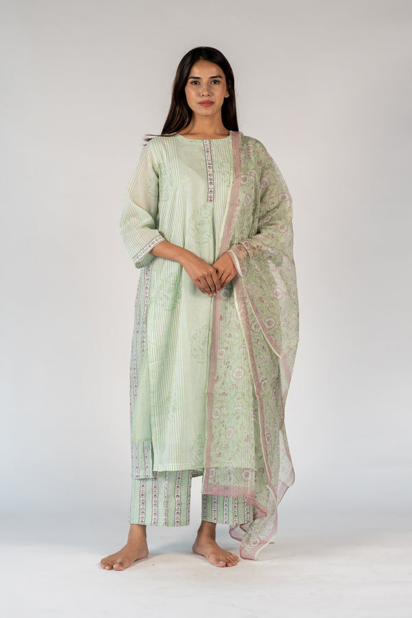 Cotton Kota Doria Hand Block Printed Dupatta - Green
