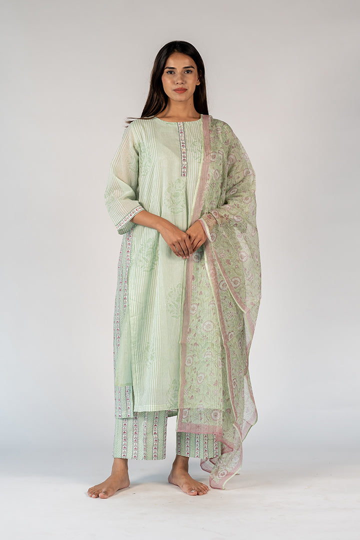 Cotton Kota Doria Hand Block Printed Dupatta - Green