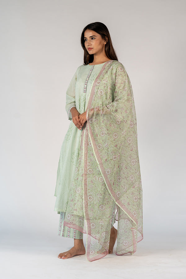 Cotton Kota Doria Hand Block Printed Dupatta - Green
