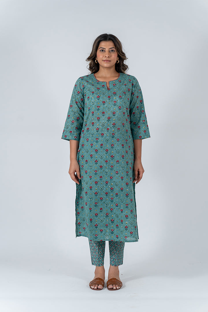 Cotton Hand Block Printed Kurta - Teal