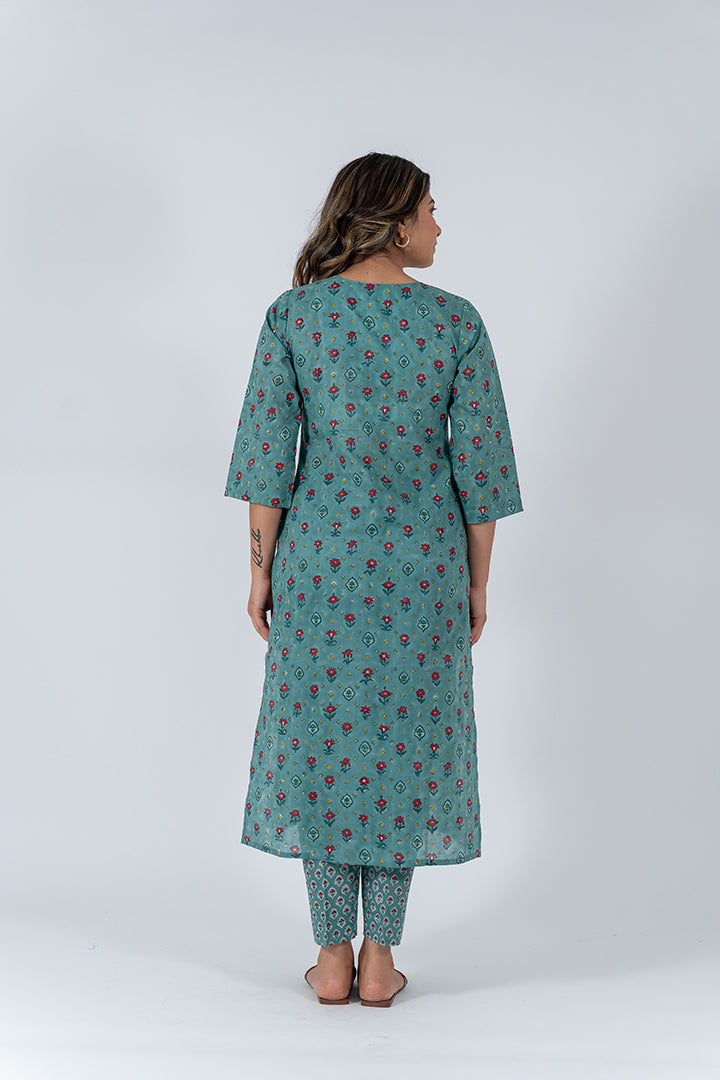 Cotton Hand Block Printed Kurta - Teal