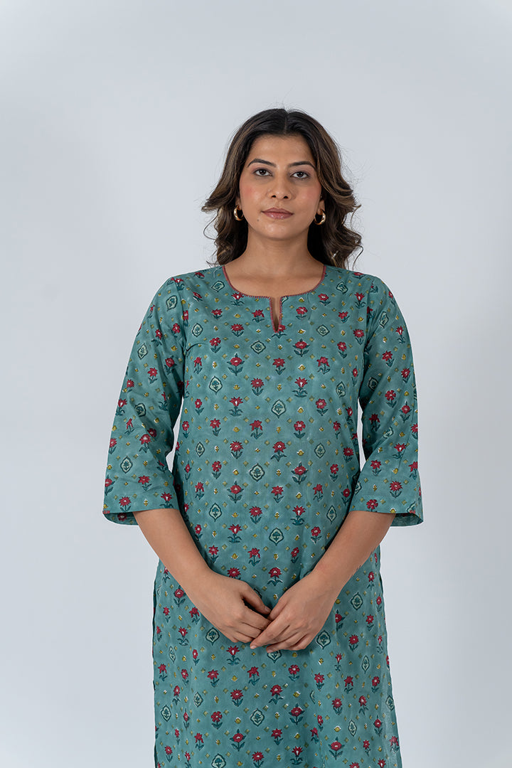 Cotton Hand Block Printed Kurta - Teal