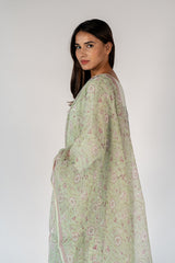 Cotton Kota Doria Hand Block Printed Dupatta - Green