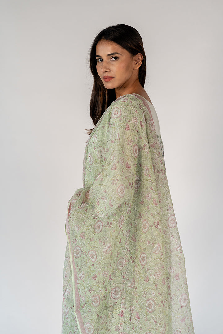 Cotton Kota Doria Hand Block Printed Dupatta - Green
