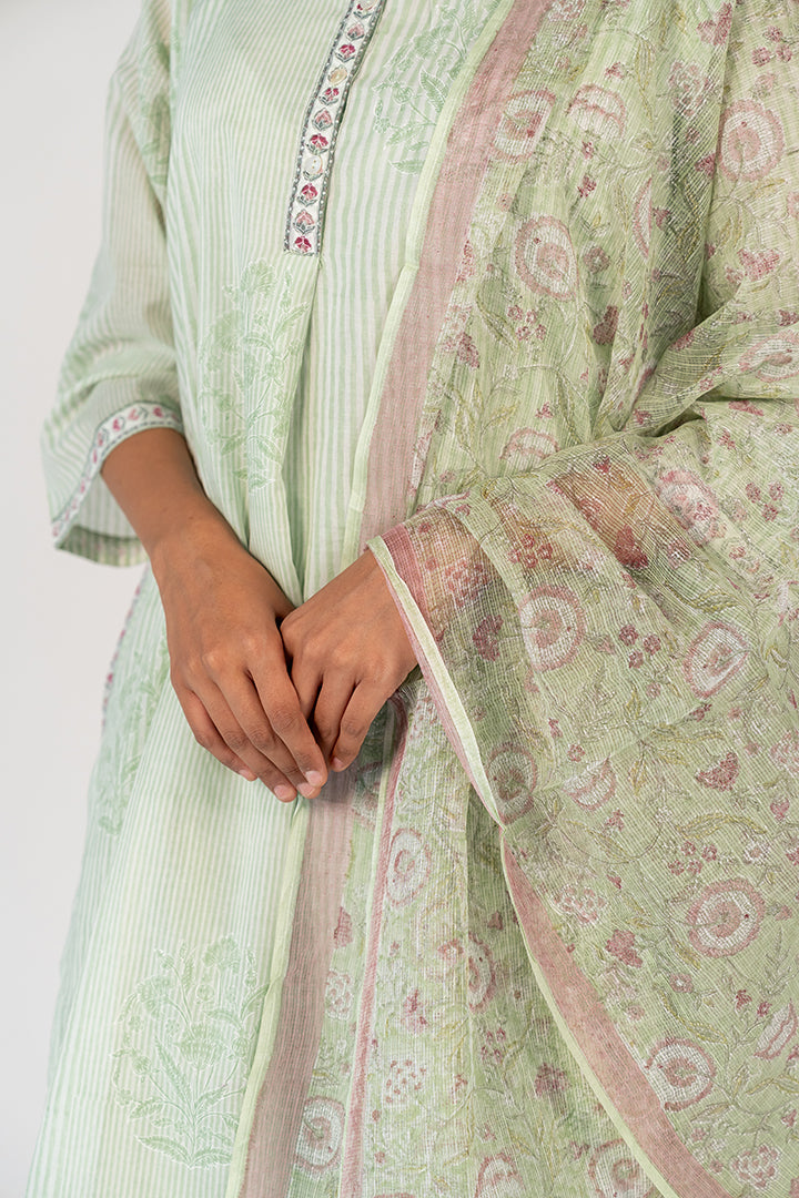 Cotton Kota Doria Hand Block Printed Dupatta - Green