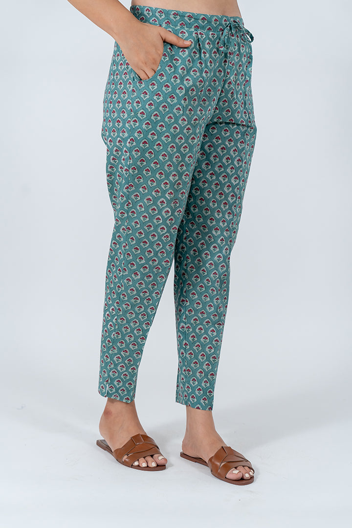 Cotton Hand Block Printed Pant - Teal