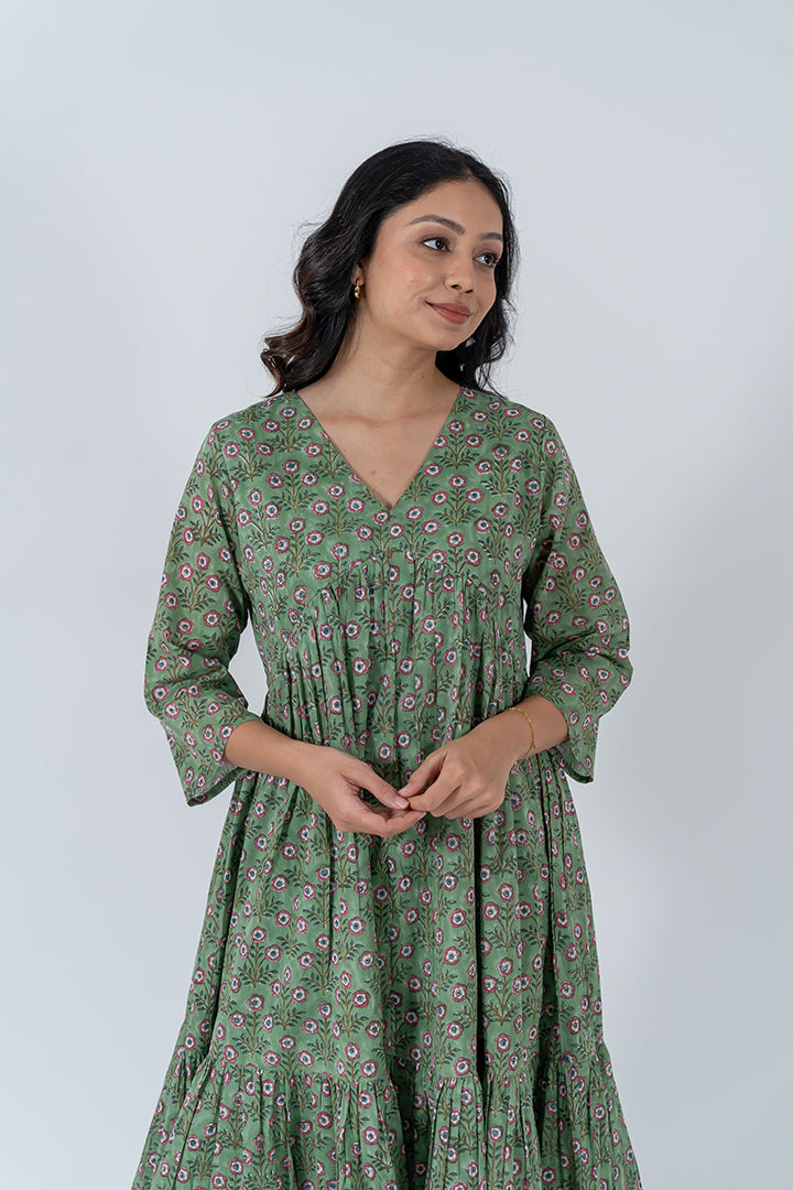 Cotton Hand Block Printed Dress - Green