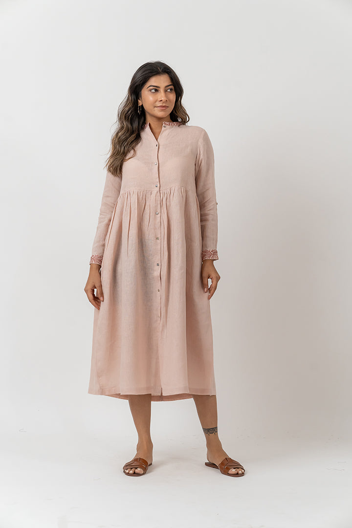 Linen Embroidered Dress - Peach