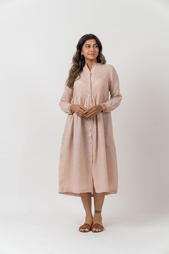 Linen Embroidered Dress - Peach