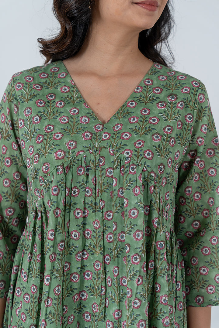 Cotton Hand Block Printed Dress - Green