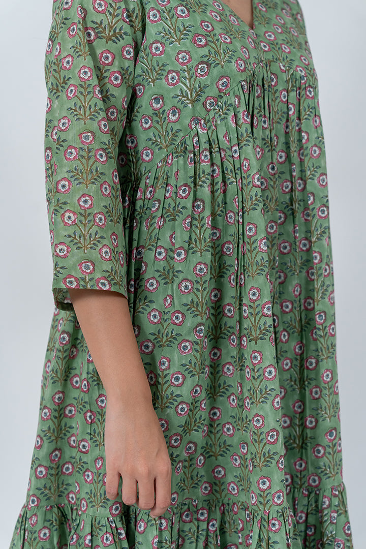 Cotton Hand Block Printed Dress - Green