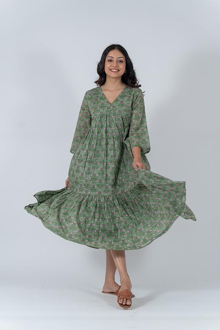 Cotton Hand Block Printed Dress - Green