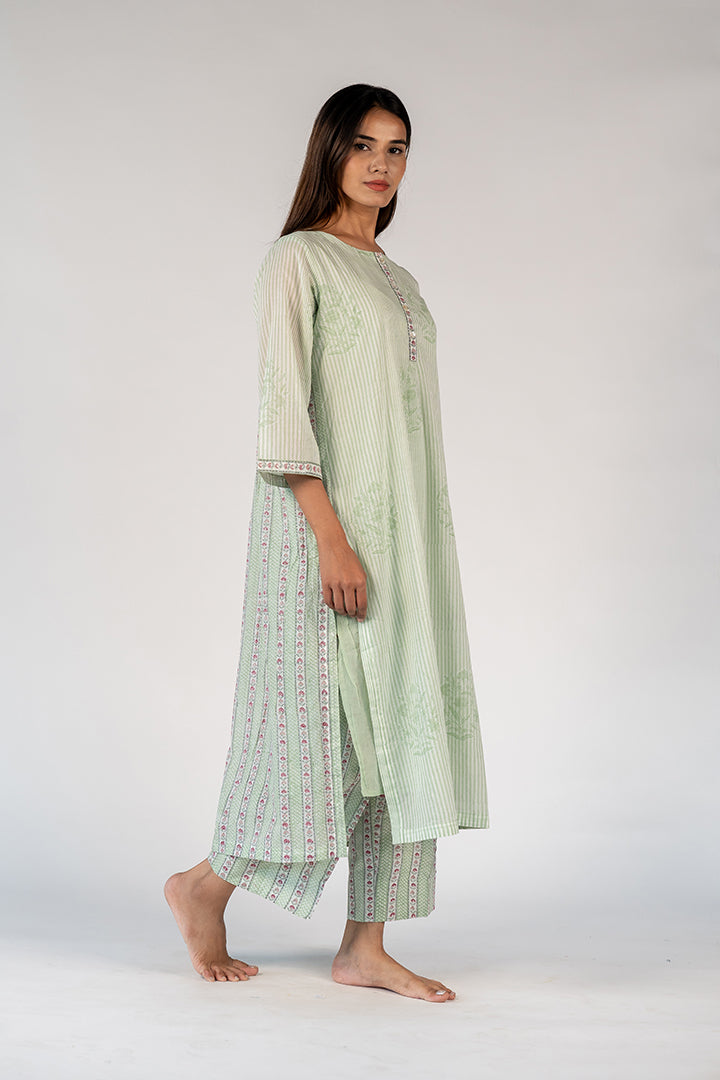 Cotton Hand Block Printed Parallel - Green