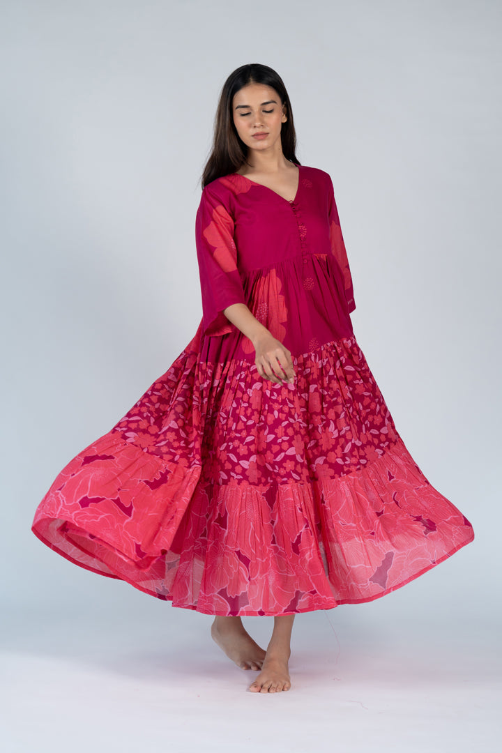 Cotton Screen Printed Dress - Pink