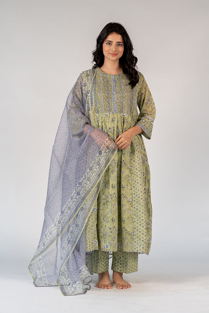 Cotton Kota Doria Hand Block Printed Dupatta - Blue