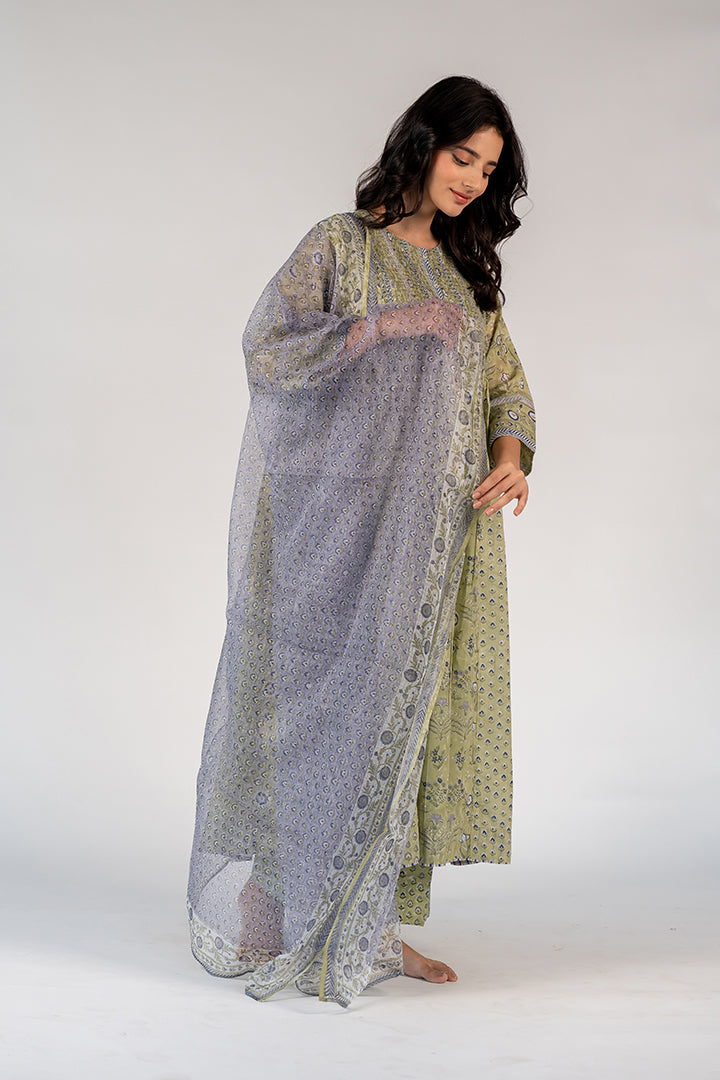 Cotton Kota Doria Hand Block Printed Dupatta - Blue