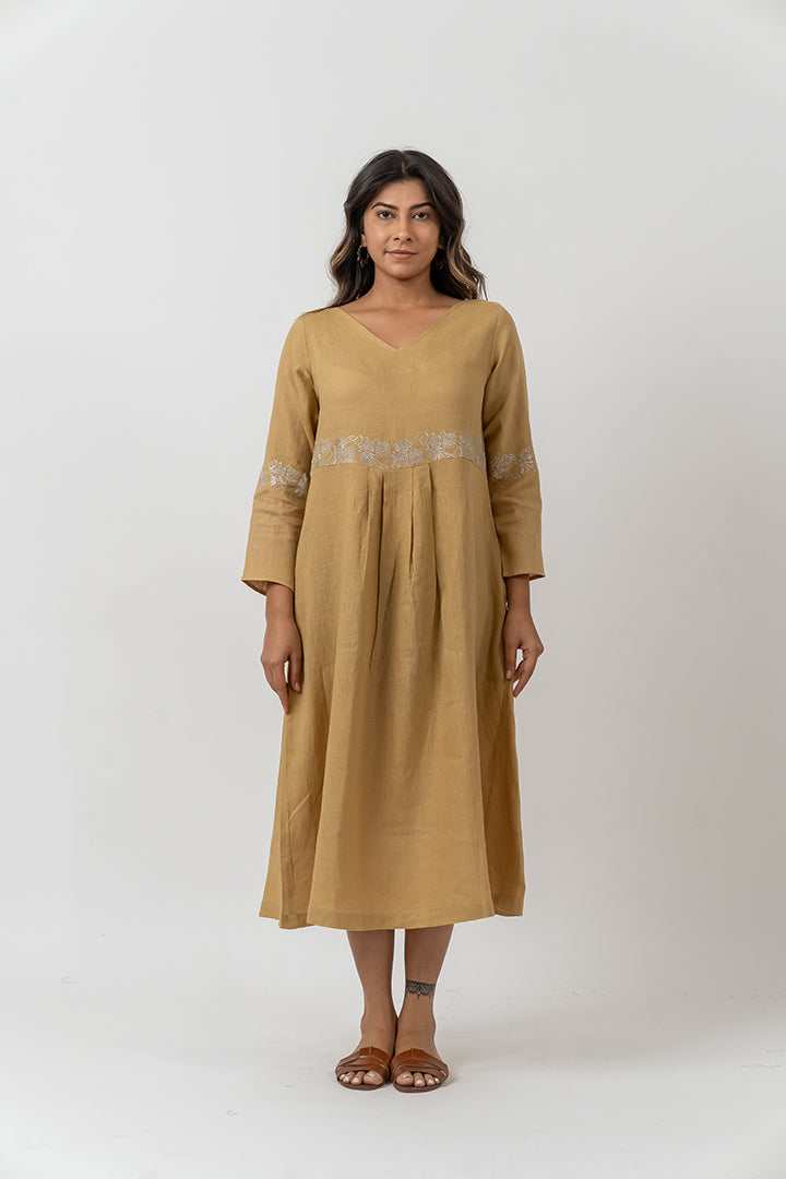 Linen Embroidered Dress - Mustard Yellow
