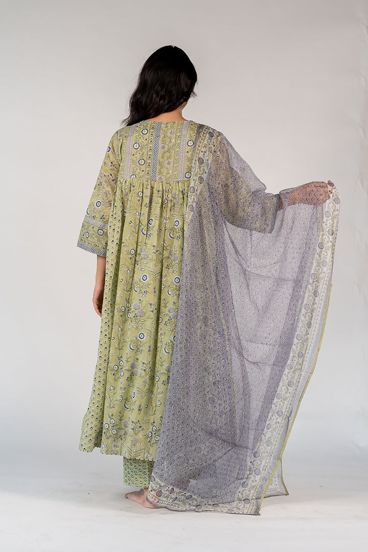 Cotton Kota Doria Hand Block Printed Dupatta - Blue