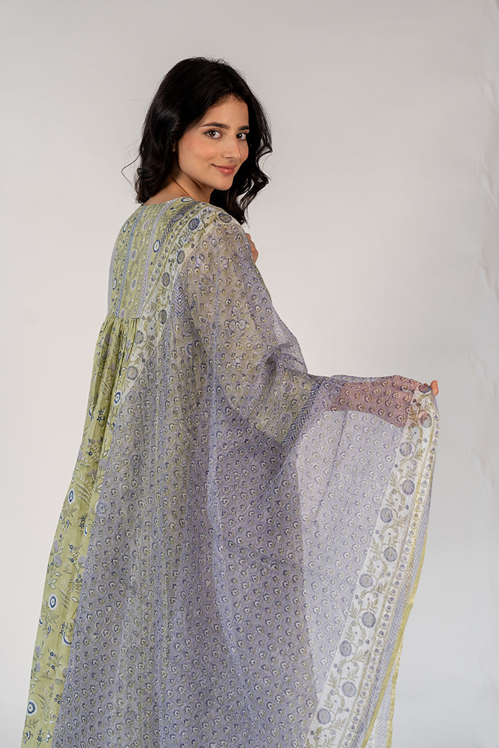 Cotton Kota Doria Hand Block Printed Dupatta - Blue