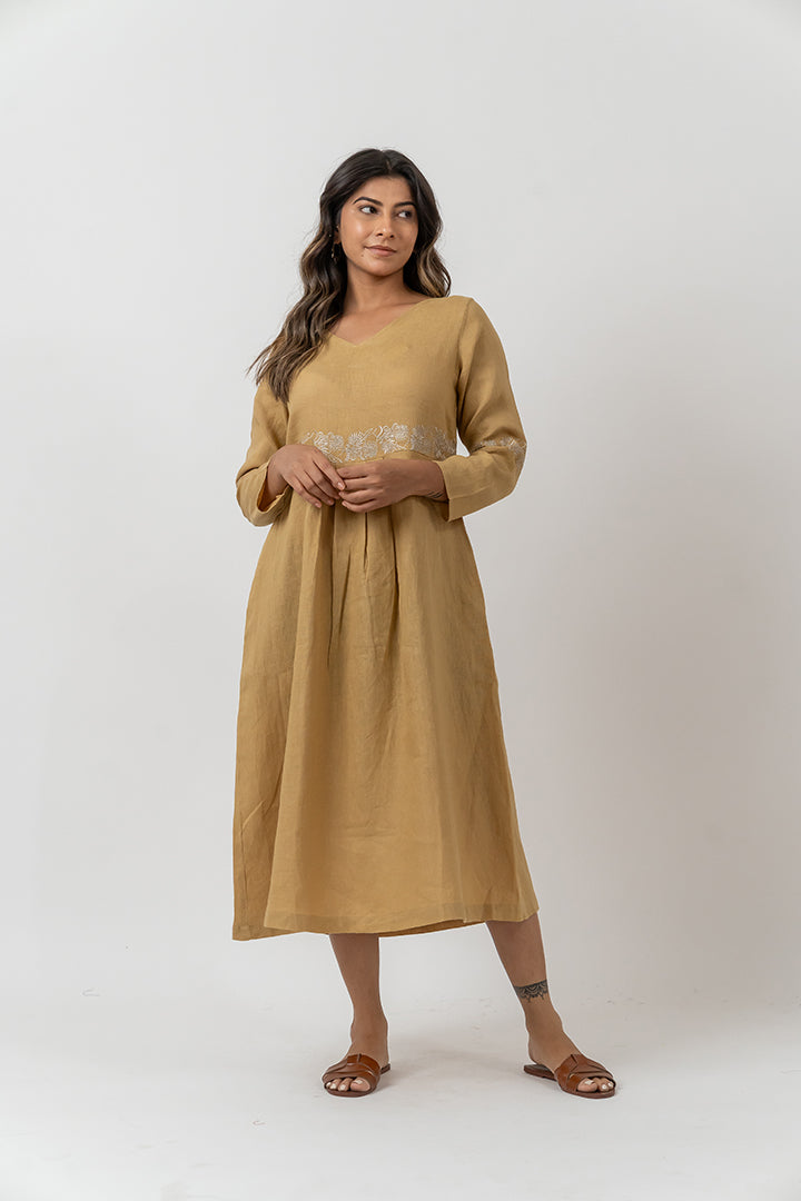 Linen Embroidered Dress - Mustard Yellow