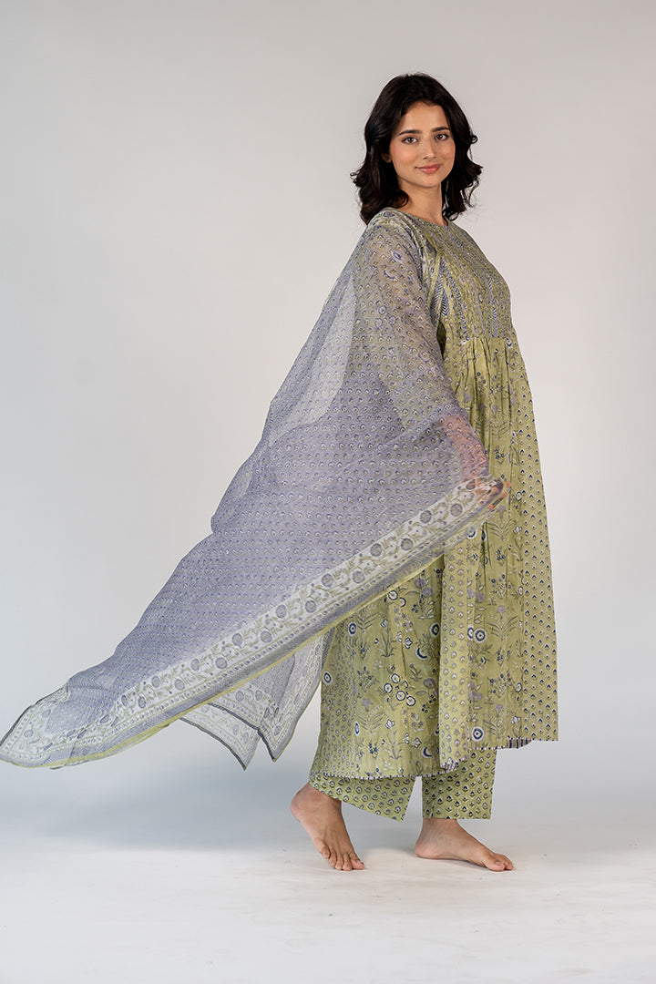 Cotton Kota Doria Hand Block Printed Dupatta - Blue