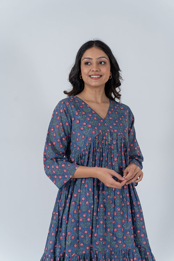 Cotton Hand Block Printed Dress - Blue