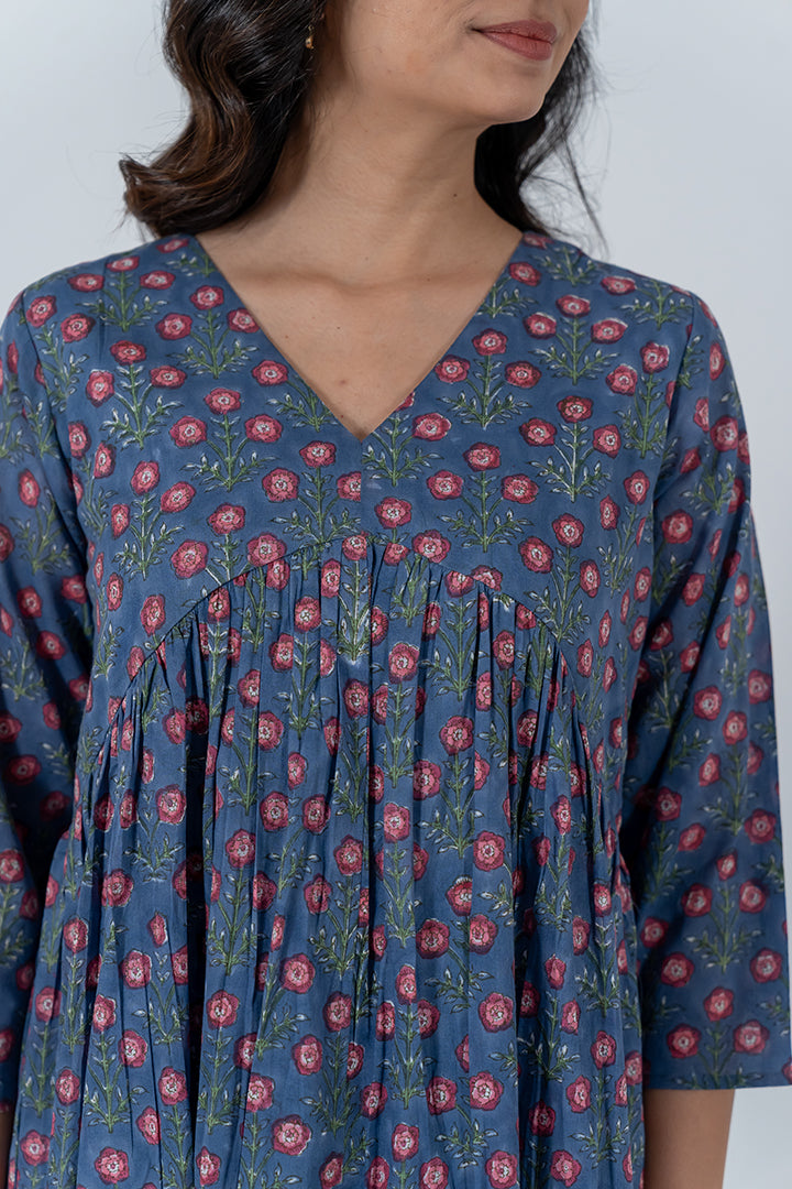 Cotton Hand Block Printed Dress - Blue