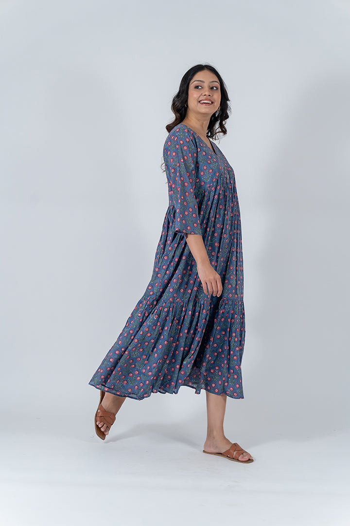 Cotton Hand Block Printed Dress - Blue