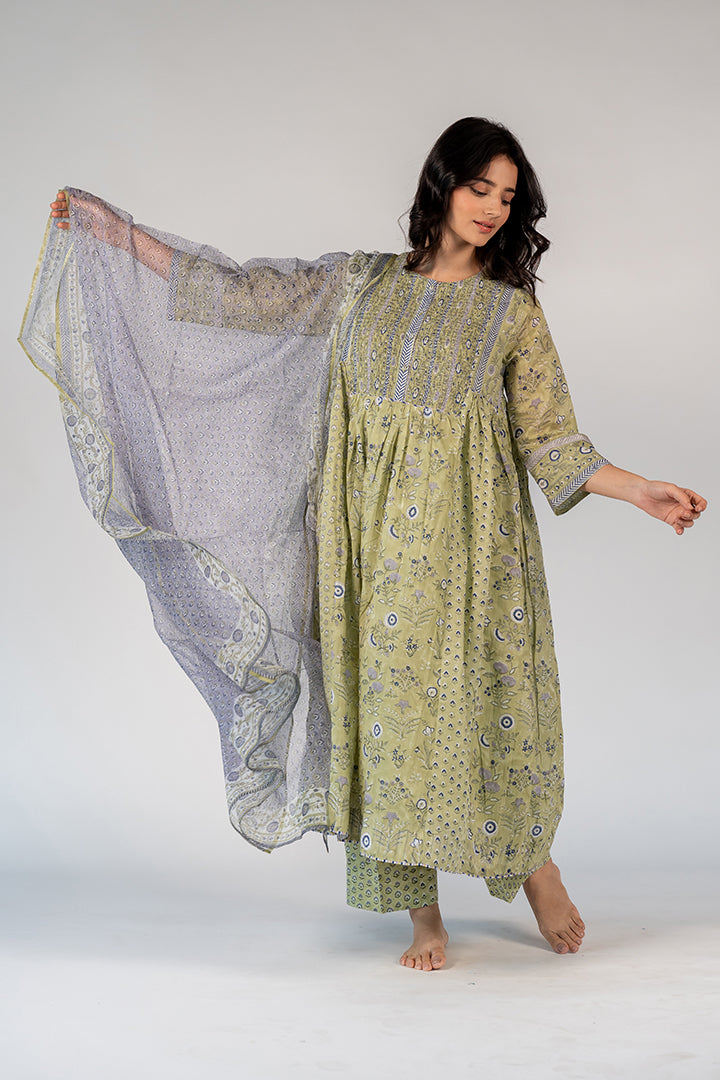 Cotton Kota Doria Hand Block Printed Dupatta - Blue