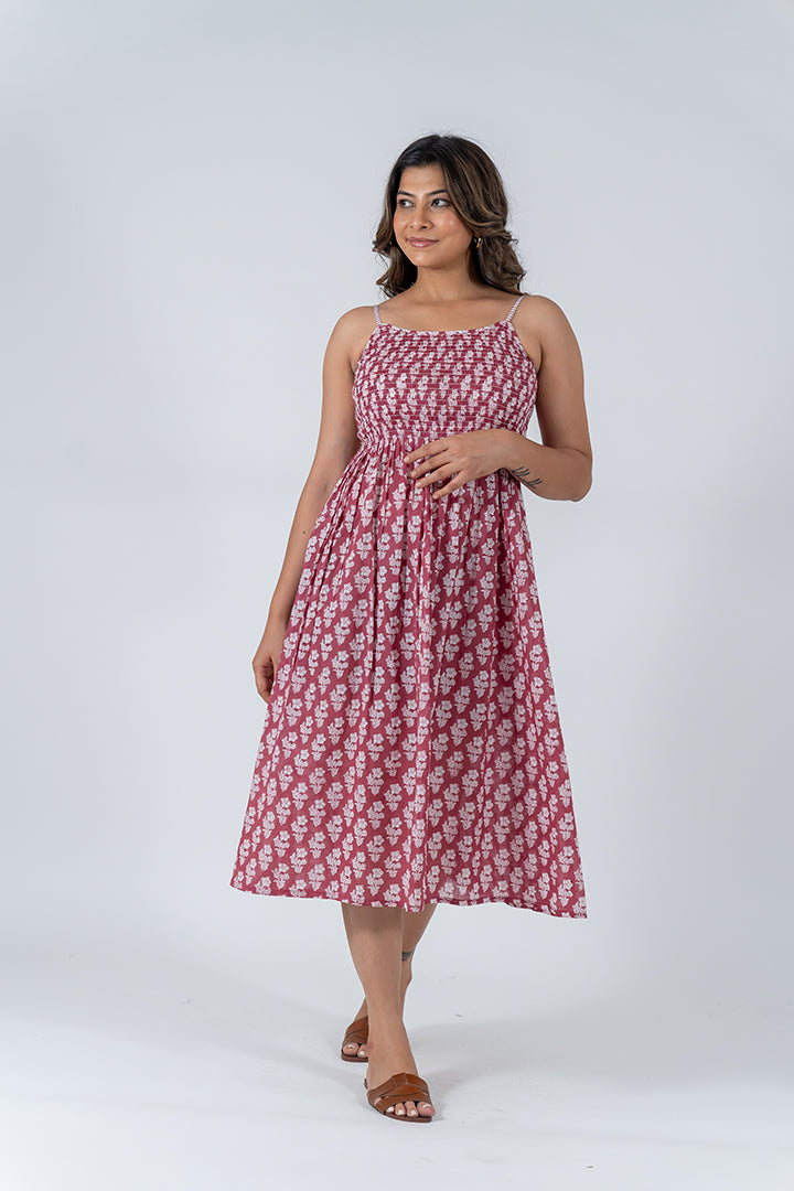 Cotton Hand Block Printed Dress - Pink