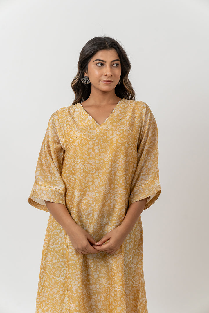 Chanderi Digital Printed Dress - Mustard Yellow