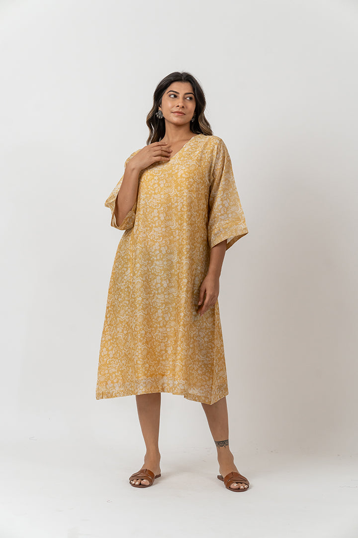 Chanderi Digital Printed Dress - Mustard Yellow