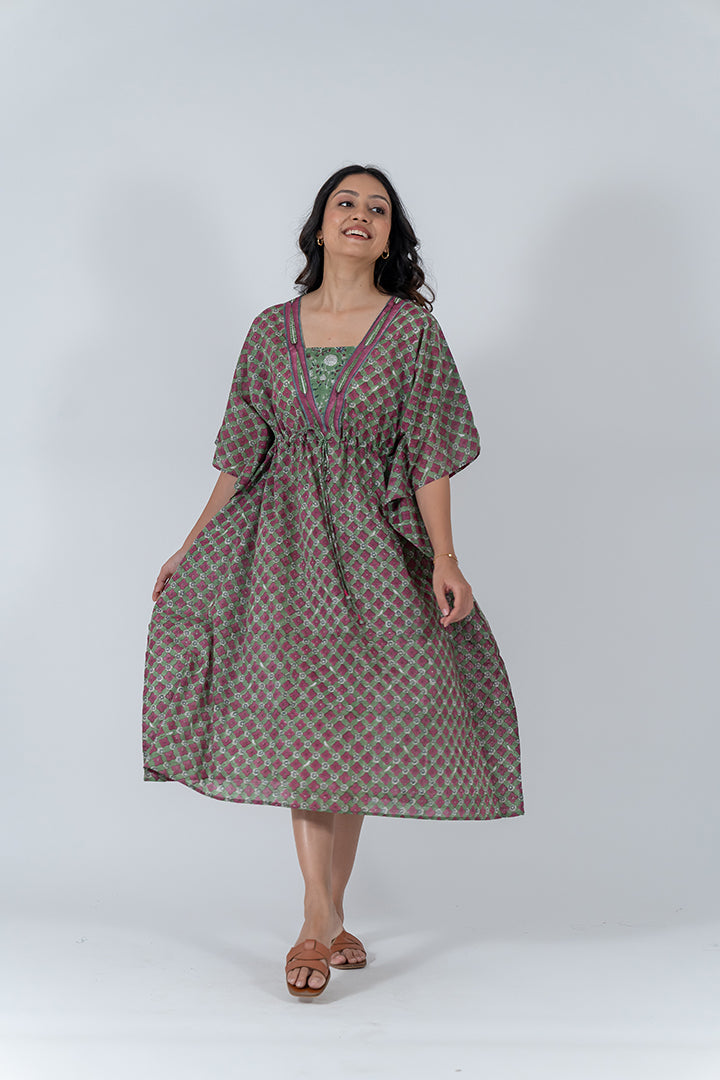 Cotton Hand Block Printed Kaftan - Green