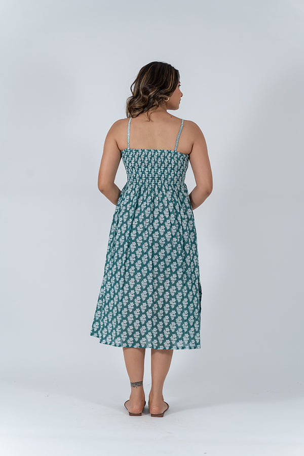 Cotton Hand Block Printed Dress - Teal