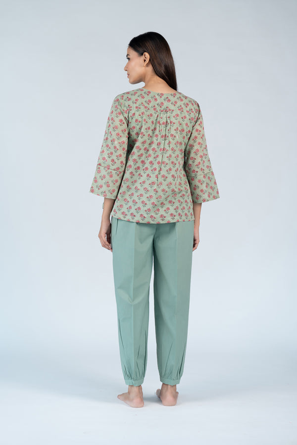 Cotton Hand Block Printed Top - Green